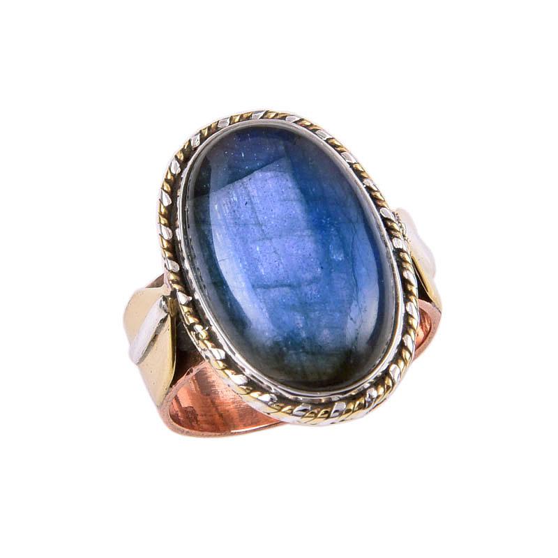 Natural Labradorite Gemstone 925 Solid Sterling Silver Two Tone Ring Size 7 T6Q24