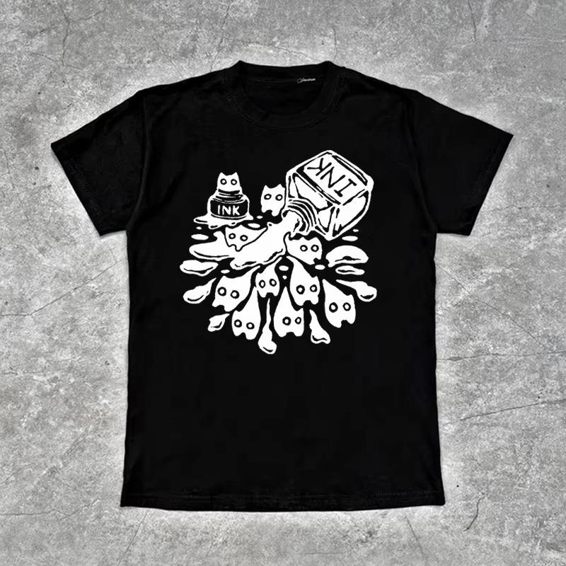 

European and American Style Japanese Summer New Men s T-shirt Easter Punk Cat Pattern Printed Gothic Hip Hop Harajuku Top Loose 4XL