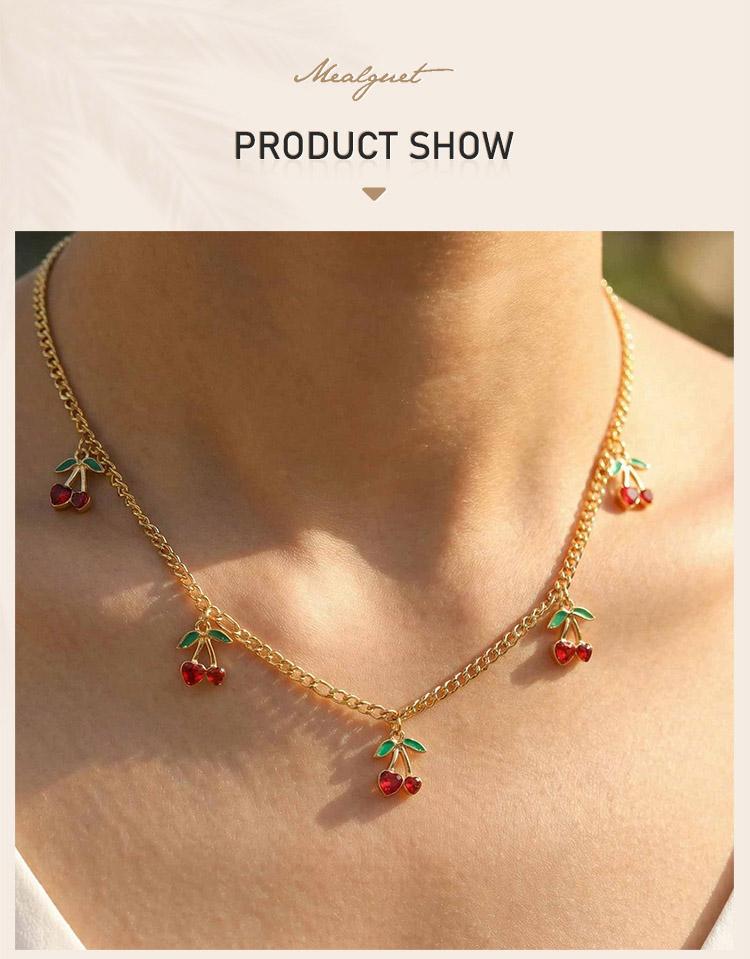 Cherry Necklace Red Zircon Fruit Charm for Women Cuban Chain Stainless Steel 18K Gold Plated Waterproof Summer Beach Y2K Jewelry