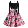 Women's Fashion Retro Long-sleeved Square Collar Christmas Printed Evening Dress