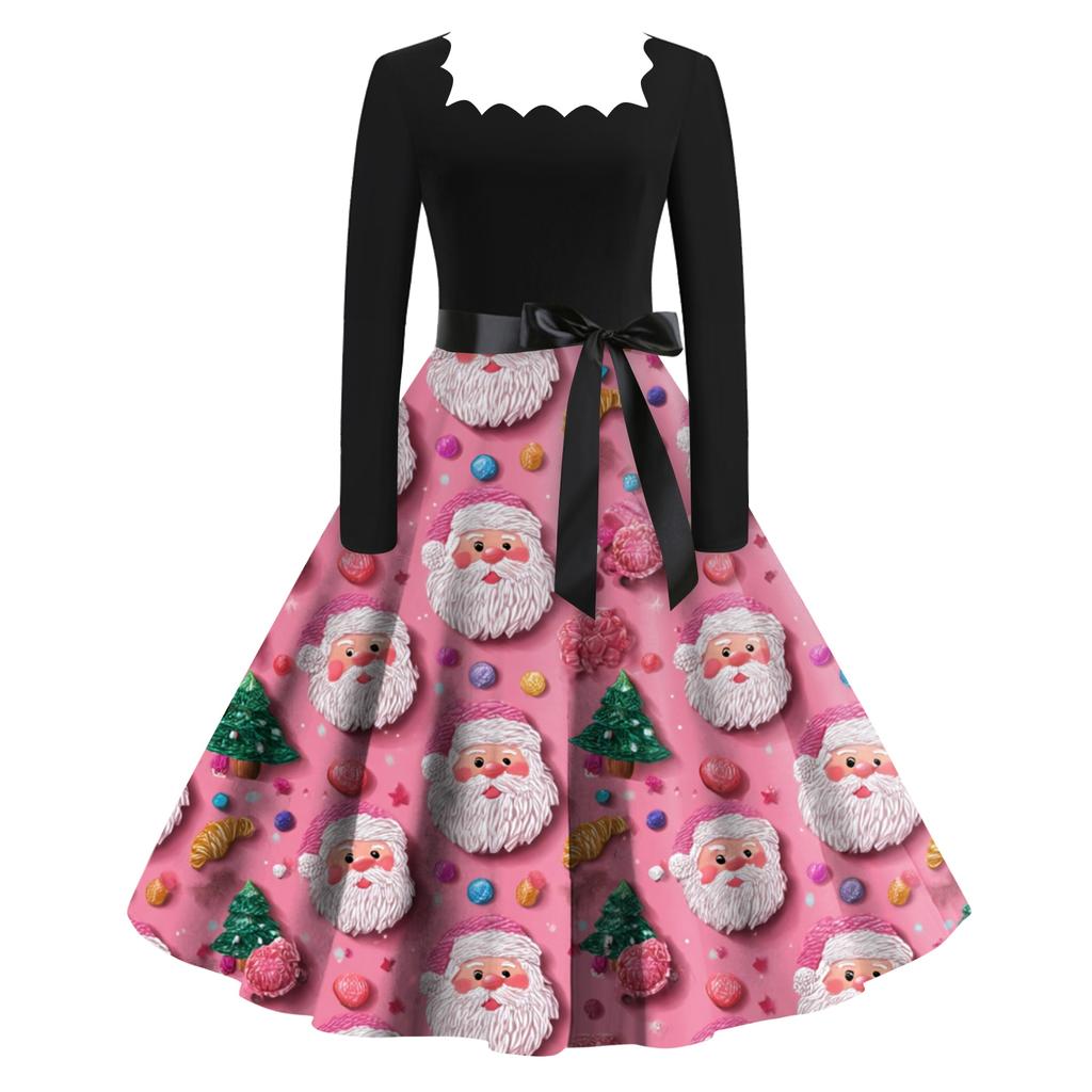 Women's Fashion Retro Long-sleeved Square Collar Christmas Printed Evening Dress
