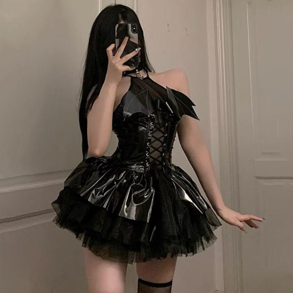 Gothic Leather Halter Dress Backless Hollow Bats Punk Dress Punk A Line Skirt Gifts
