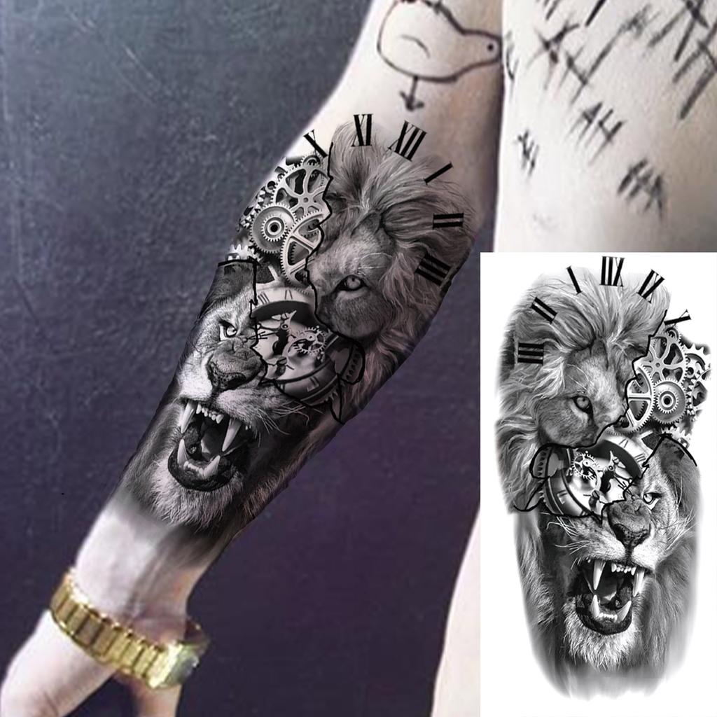 1 Sheet Wolf Lion Tiger Fake Temporary Tattoos For Man Women Adults Skull Black Warrior Tattoo Sticker Animals Sleeve