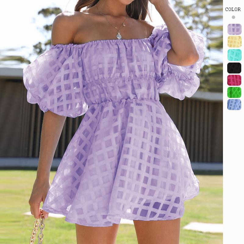 Wepbel Summer Sexy Dress Bandeau Slash Collar Off-Shoulder Fashion Short Dress for Women Solid Color High Waist Cute Dress