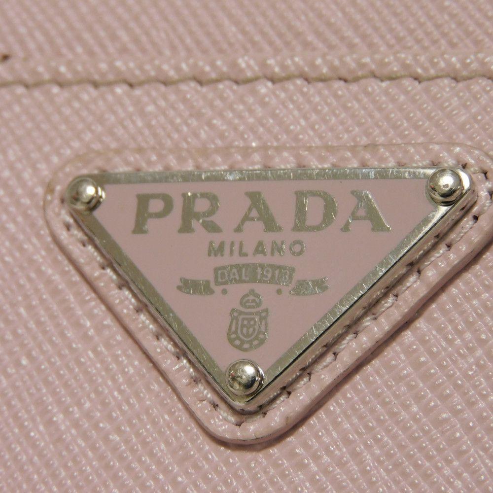 Used Saffiano Keychain 11569 1PP122 7943 L-shaped Zipper Key Ring with Card Case and RFID Triangle Logo, Pink, Women's