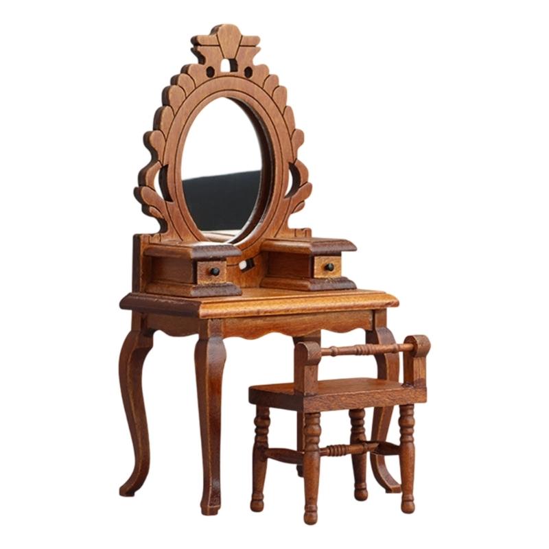 1/12 Scale Traditional Wooden Mini Furniture Set Dresser Stool With Fine Workmanship For Small Room Display