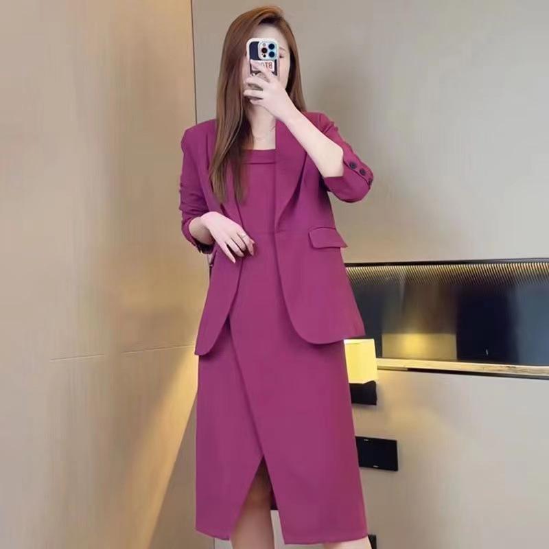 Elegant Plus Size Women's Two-Piece Suit: Spring/Autumn Camisole Dress & Jacket