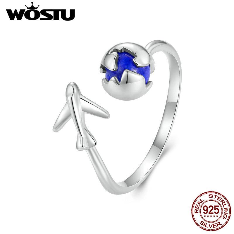 WOSTU 925 Sterling Silver Creative Travel Airplane Blue Earth Open Rings Women Global Tour Lapis Ring Girl Birthday Party Gift