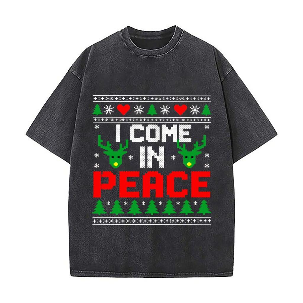 Peace Christmas Reindeer Trees Hearts Holiday Pattern Vintage Distressed Loose Streetwear Tops for Campus Days