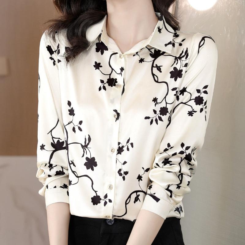 Elegant floral print long-sleeve women's shirt, stylish spring blouse with refined design