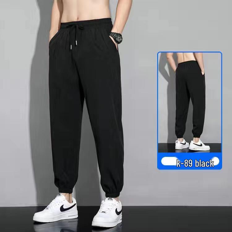 Pantaloni Casual Sottili in Seta Ghiacciata da Uomo - Vestibilità Slim, Stile Coreano, Leggeri, Pantaloni Sportivi Dritti Larghi per Primavera, Estate e Autunno.