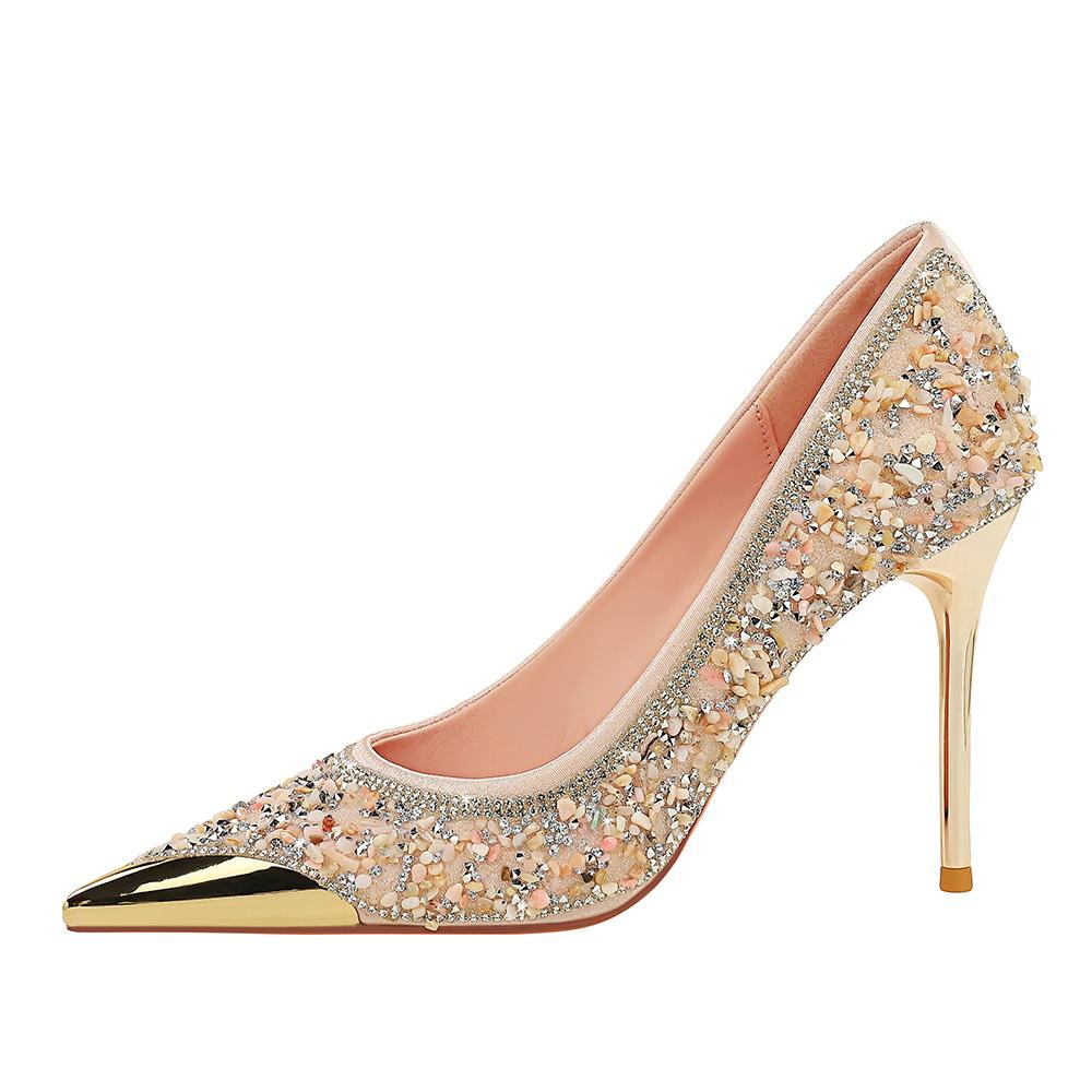 9.5CM Style Fine Heel Rhinestone High Heels Metal Pointed Women's Shoes Shallow Mouth One Pedal Crystal Single Shoes Women