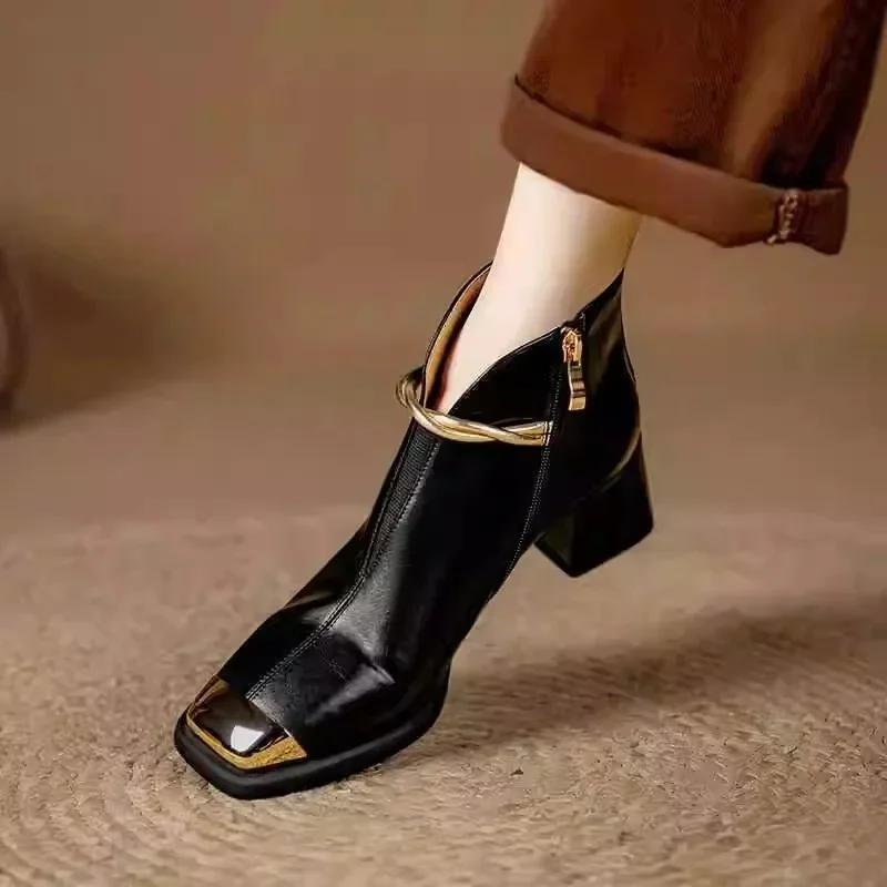 New Spring and Autumn Chelsea Boots for Women with Square Toe Metal High Heels Ankle Boots Side Zip Sexy Botines Para Mujeres