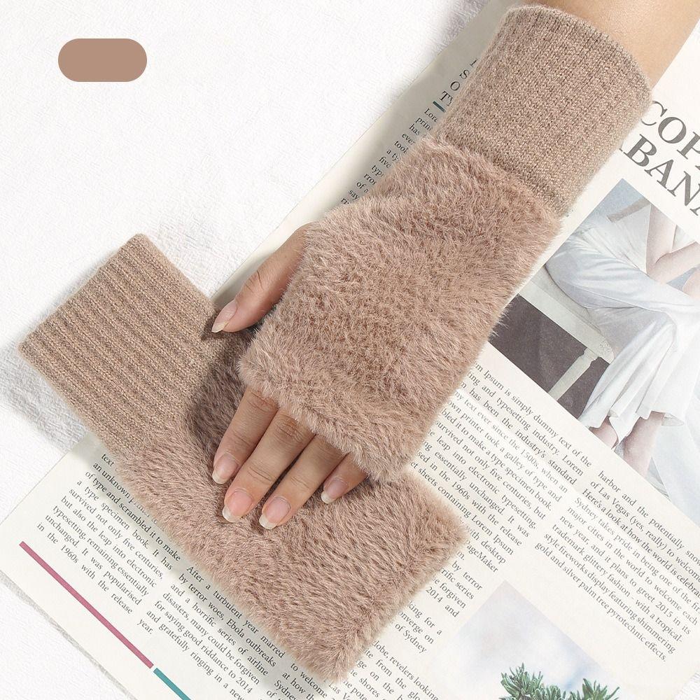 

Зимние вязаные перчатки без пальцев, теплые перчатки с половиной пальца, перчатки для сенсорного экрана L коричневый