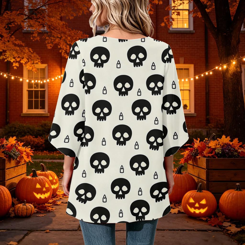 Women's Halloween Printed Casual Loose Fit Round Neck Three-Quarter Sleeve Top