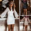 Pailletten Partykleid Herbst Frühling Damen Lange Laternenärmel Rundhals Etuikleid Eng Anliegend Club Passform Mini Dame Abschlussball Bankett Kurz