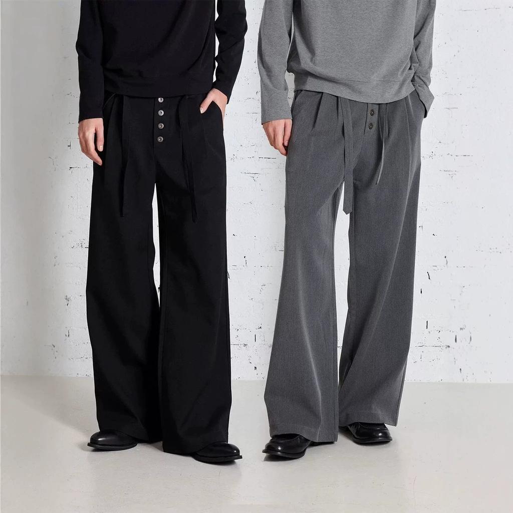 American retro high street wide-leg pants men's summer buckle drape loose straight casual trousers direct supply