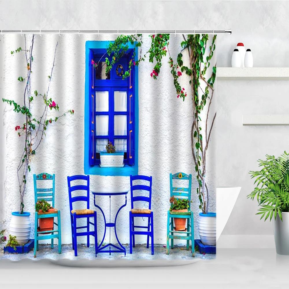Fleurs Rouges Porte Grecque Bleue Avec Vue Sur Mer Sur Île Rideaux de Douche Tissu Imperméable Ensemble de Rideaux de Salle de Bain Décoration de Baignoire pour la Maison