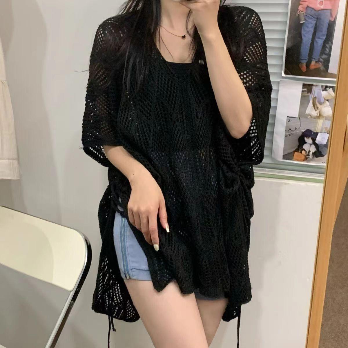 

Женский свитер с V-образным вырезом и короткими рукавами, летний свободный топ в корейском стиле, пуловер One Size чёрный