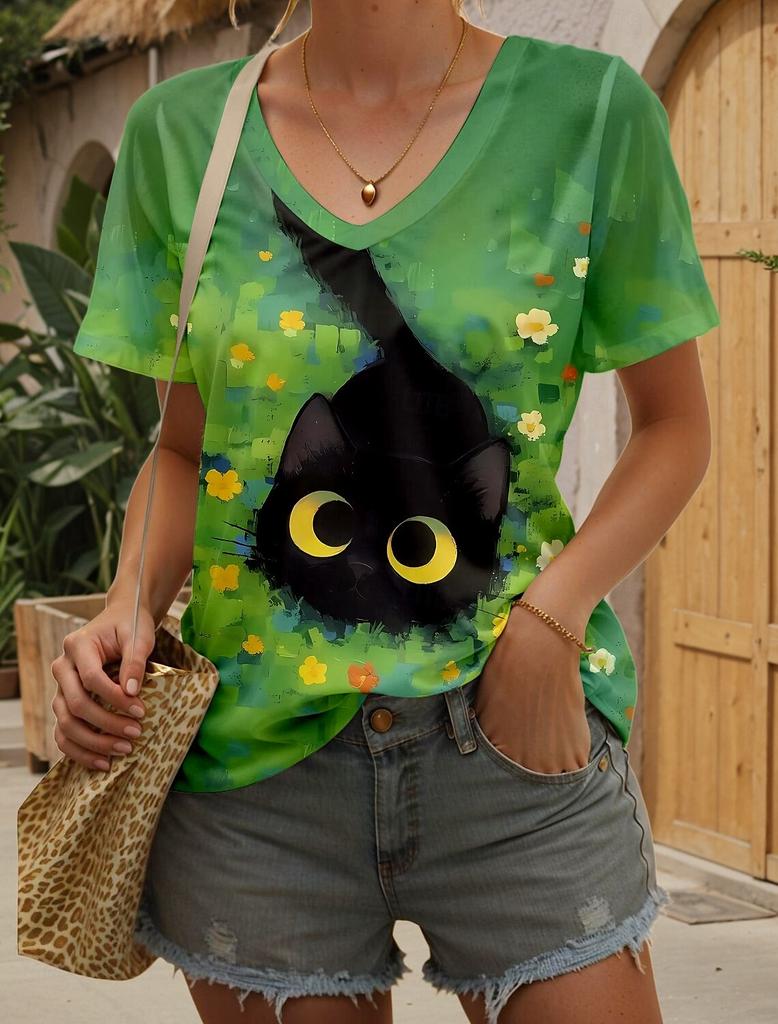 Damen T-Shirt Kawaii Tiergrafik Mode Kurzarm V-Ausschnitt Reguläre Oberteile Täglich bedrucktes T-Shirt Sommer Frühling lässige Oberteile