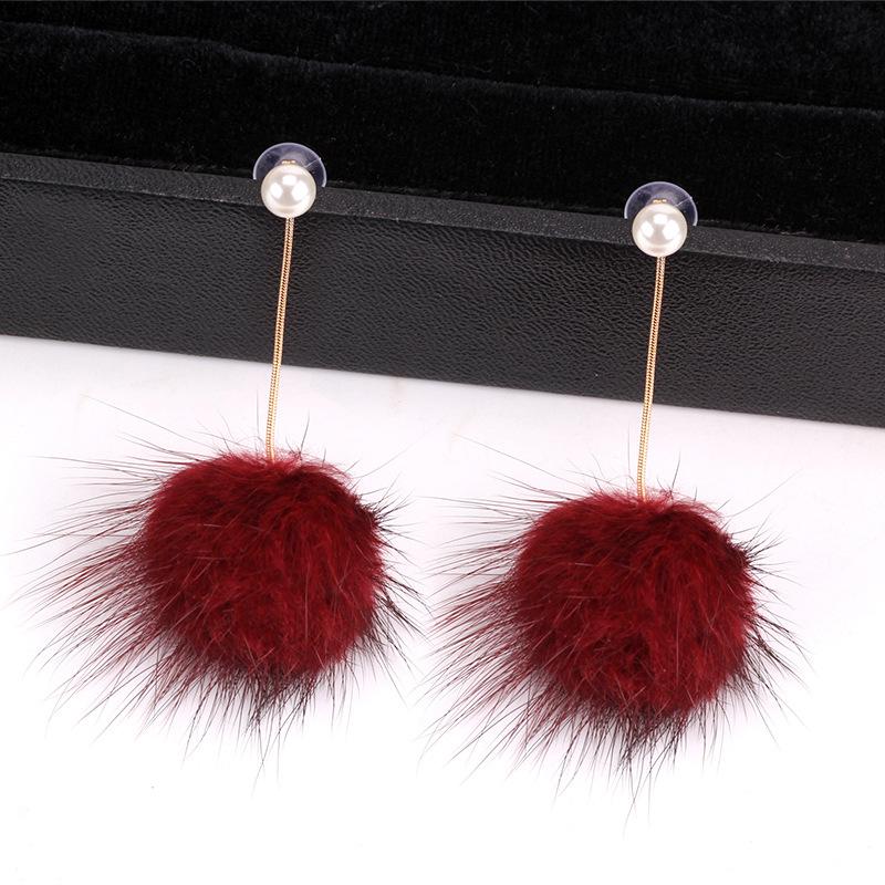Day Earrings Autumn And Winter Fashion Exaggerated Mink Hair Ball Long Hair Ball Earrings Stud Earrings Women'S Jewelry