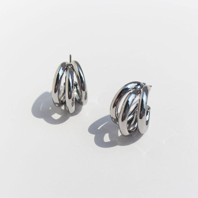 Real Gold-Plated Copper Crazy Sister Classic Three-Tube Earrings: Women's C-Shaped Hoop Silver Needle 300