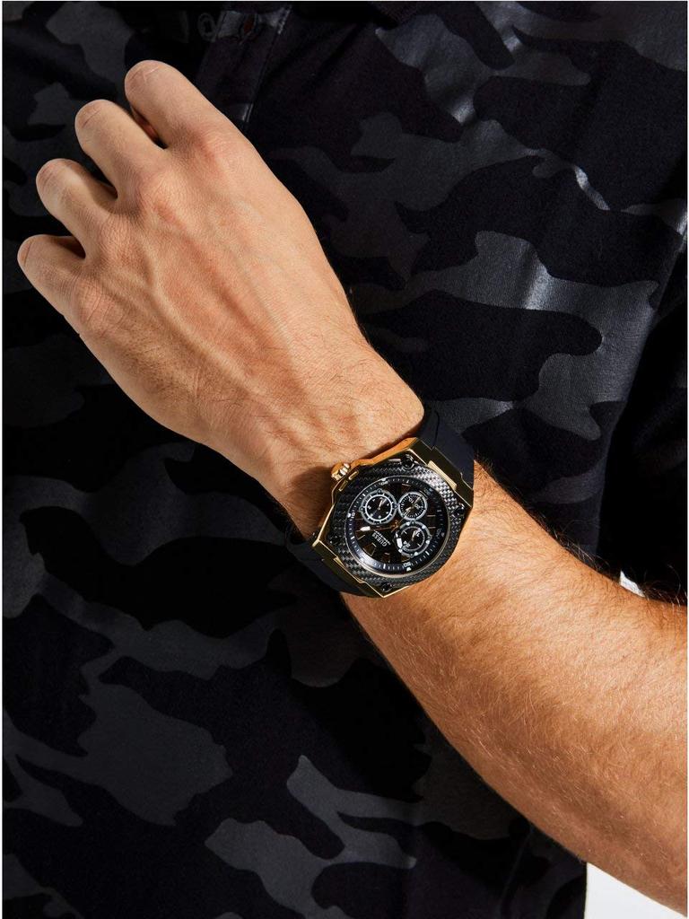 GUESS Gold Tone Stainless Steel Watch with Black Silicone Strap U1049G5 141 [ ]