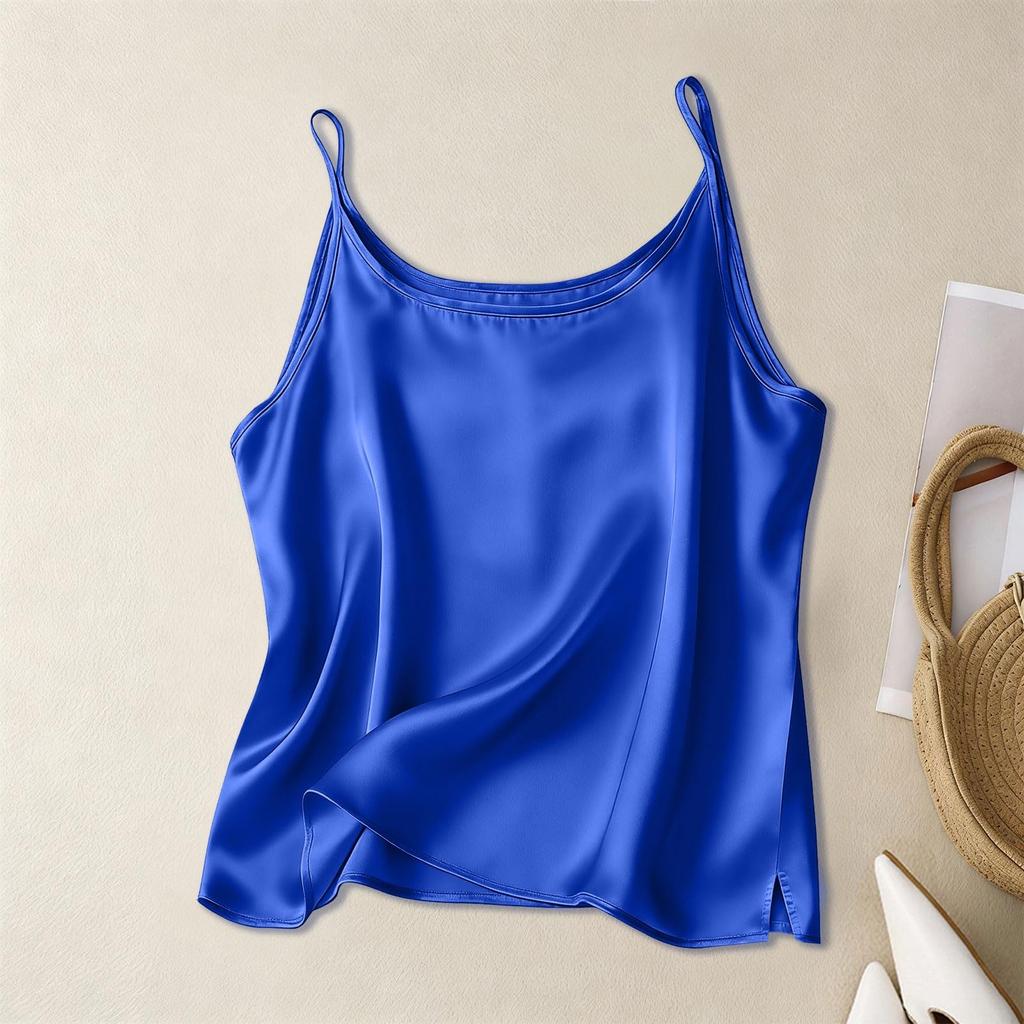 Fashion Women's Silk Satin Vest V-neck Slim Shoulder Strap Vest Soft Sleeveless Round Neck Vest