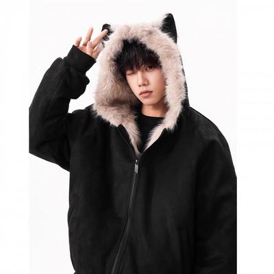 Unisex Zimní prošívaná bunda s kapucí z bavlny s límcem z umělého semiše, fleecovou podšívkou, oversized střih