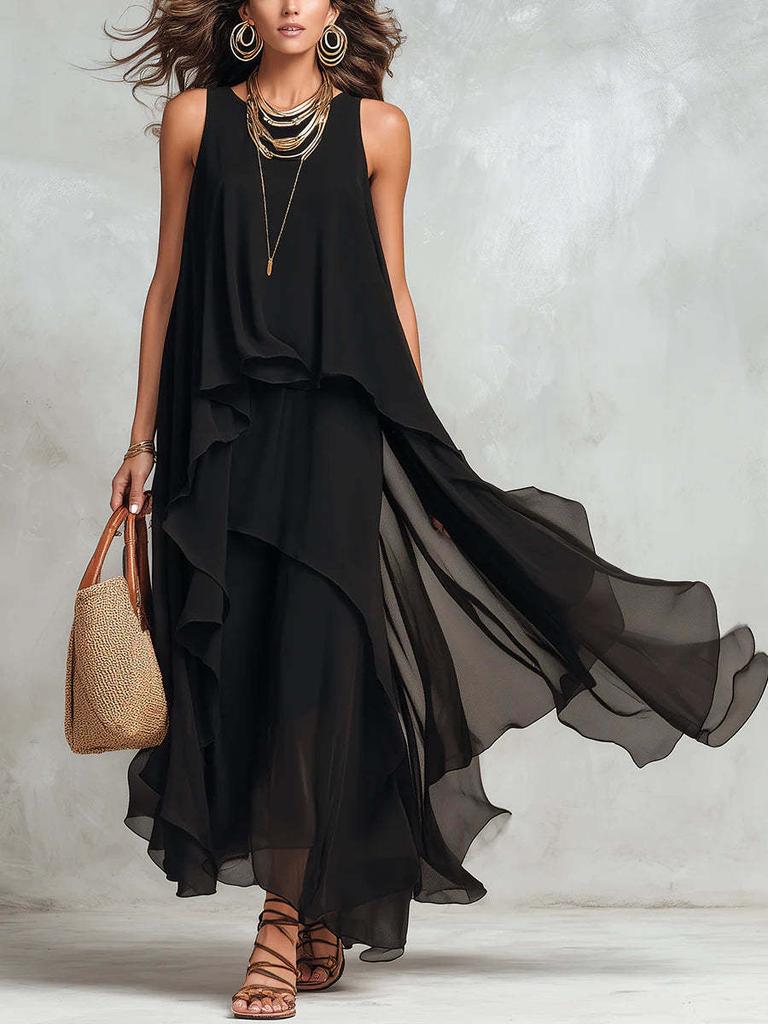 New European and American style black sleeveless irregular chiffon long dress temperament elegant dress women