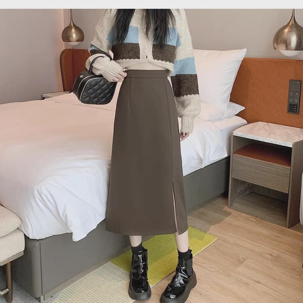 High Waist A-Line Women's Midi Skirt with Slit - 2024 Spring Korean Fashion