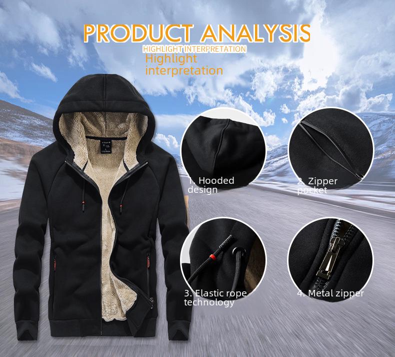 Men's Plush Lamb Fleece Hooded Sweatshirt - Thick, Loose, Warm Cardigan for Autumn and Winter Sports Leisure