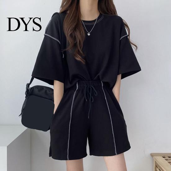 Lady Homewear Clothes 2 Pcs/Set Women Summer Tracksuit Round Neck Half Sleeves Loose Top Drawstring Shorts Set High Elastic Waist Solid Color