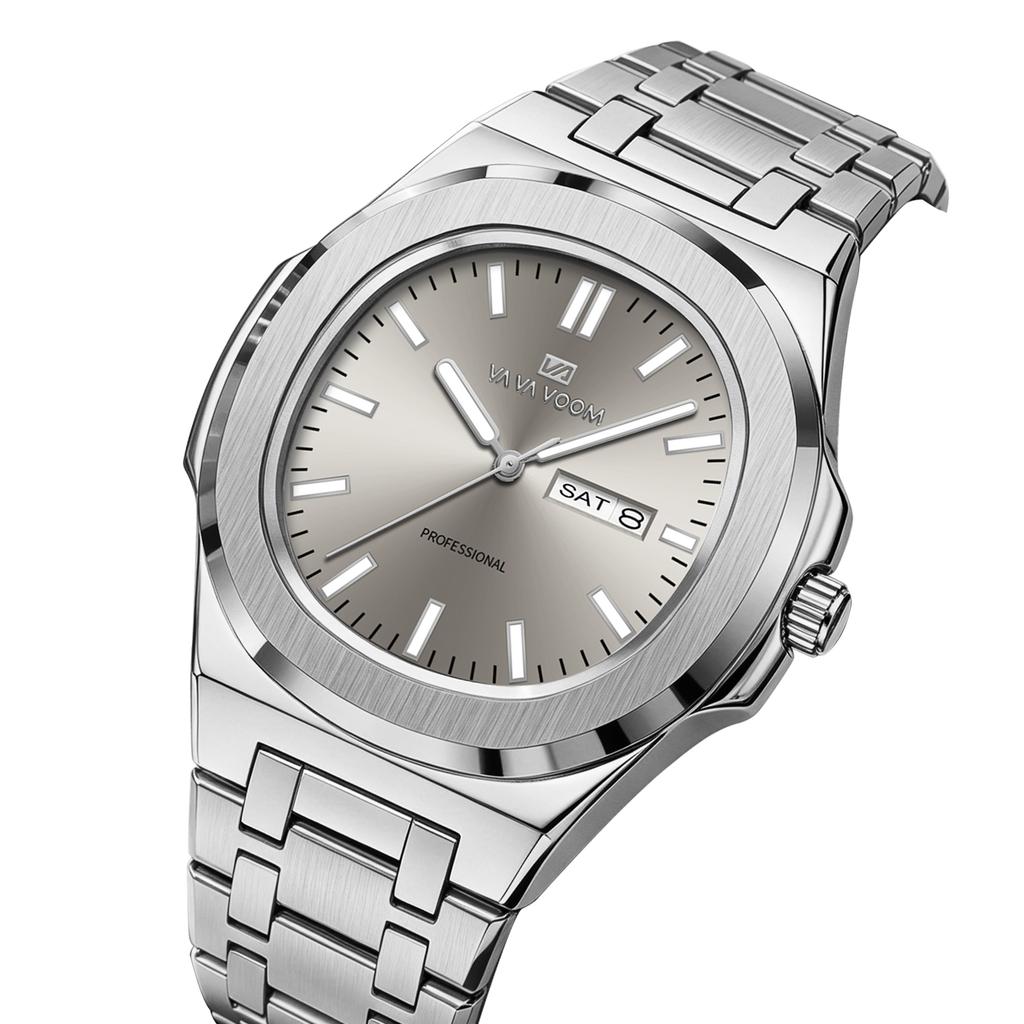 Fashion Men's Quartz Watch Silver Simple Square Dial Stainless Steel Luminous Hands Date Week Waterproof Watch Relogio Masculino