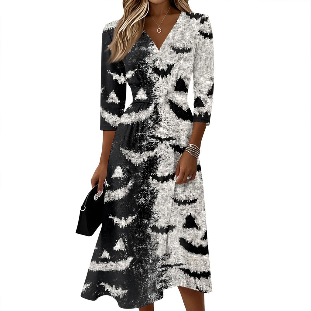 Womens Casual V Neck Midi Dress 3/4 Sleeve Back Zipper Wrap Style Fit and Flare Dress with Ghost Print