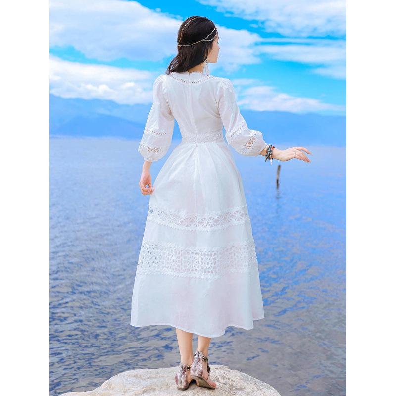 Hand-Crocheted Lace Trim V-Neck Lantern Sleeve Beach Dress - French Hollow Out Style