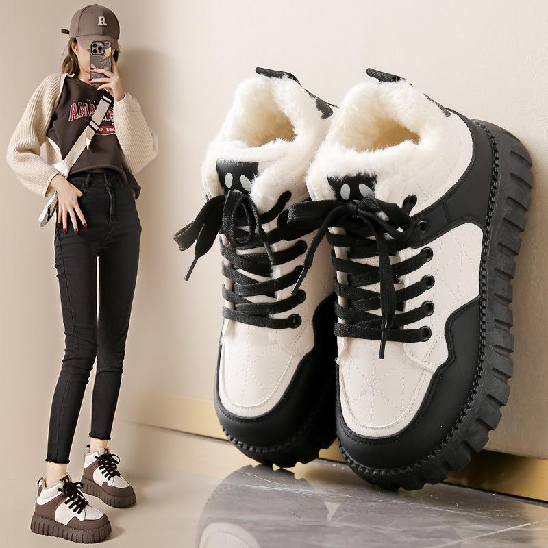 Fleece High-Top Kleine Weiße Schuhe Damen 2025 Winter Neu Student Ins Koreanische Version Verdickt Warme Baumwollschuhe Lässige Kurze Stiefel