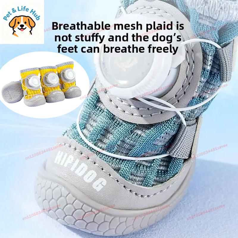 4Pcs/Set Outdoor Mesh Button Dog Shoes Summer Breathable Reflective Anti-slip Dogs Footcovers Soft Sole Comfortable Dog Footwear