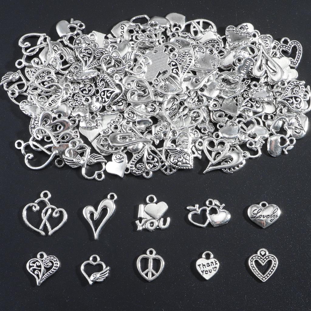 50pcs Antique Silver Love Heart Charm Alloy Tibetan Style Random Mixed Heart Charm Valentine's Day Jewelry Heart Charm Pendant