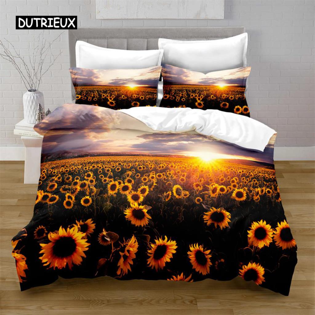 Slunečnicová sada povlaku na přikrývku Žluté květy Bujné slunečnice na poli Ložní sada Mikrovlákno Botanický květinový potisk Povlak na přikrývku