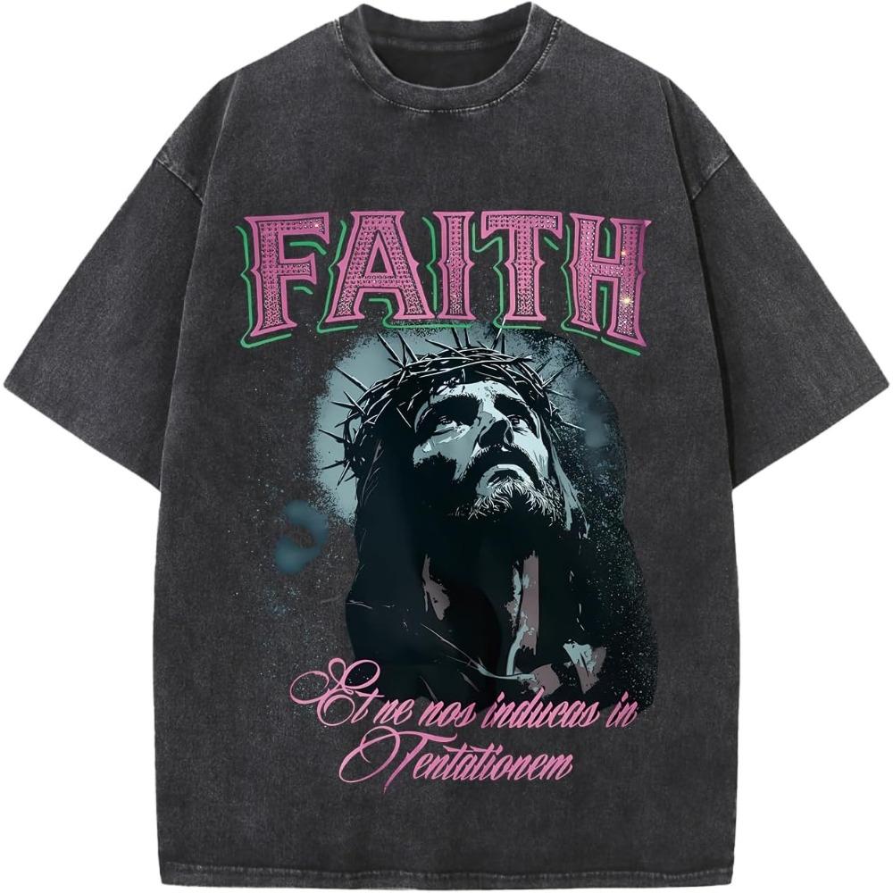 Vintage Washed Portrait Print T-Shirt Religious Faith Graphic Tee Men’s Women’s Oversized Casual Crew Neck Short Sleeve Top Daily Wear Cool Top