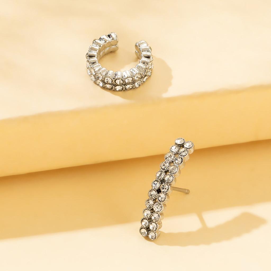 Double Fashionable Row Rhinestone Earrings Set With Asymmetric Design