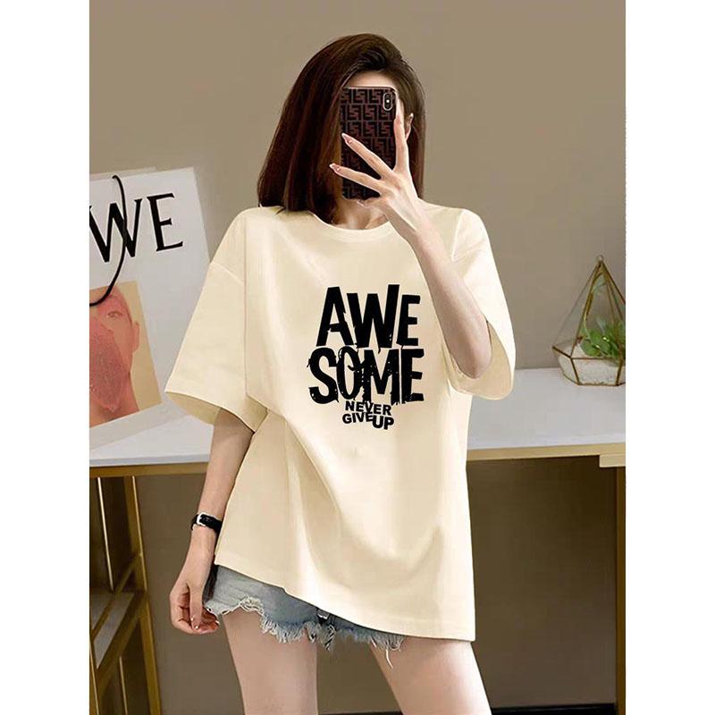 Damenbekleidung Schick Buchstabendruck Basic Top T-Shirts Sommer Mode Reine Baumwolle Rundhals Kurzarm T-Shirt Locker Pullover 45-105Kg