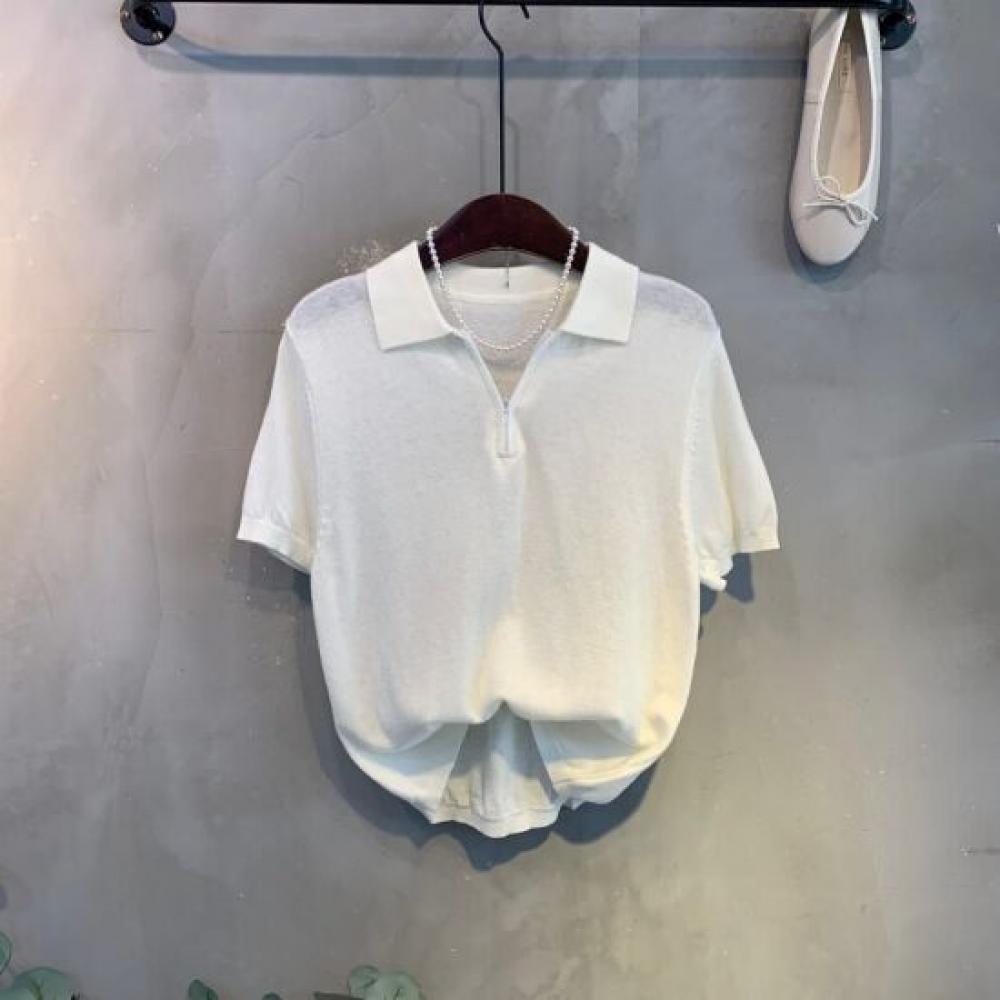 C S In The Room jInbi baSiC Solid Zip Collar neCk Short Sleeve Knit 5Color