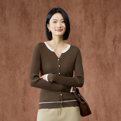 Northern Deer Women's French Wool Color Block Ribbed Knit Cardigan SL35