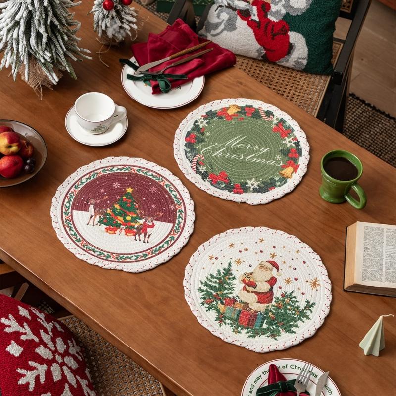 Christmas Snowflake Embroidered Round Table Placemat Heatproof Waterproofs Washable Decorative Dining Accessory