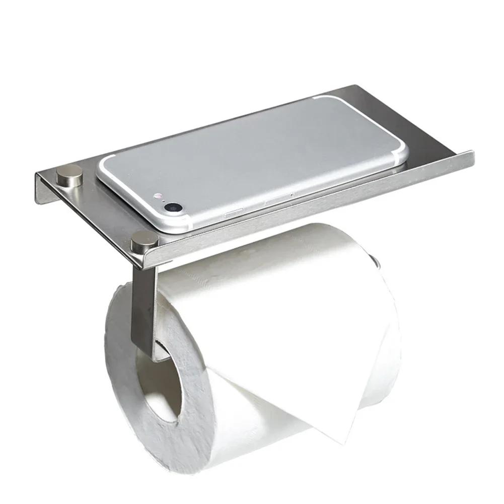 Dual Installation Toilet Paper Holder with Stainless Steel Body and Spacious Shelf for Phones or Sanitizers in Bathroom Settings