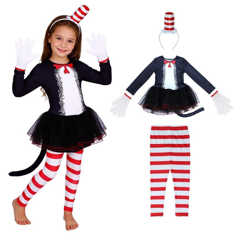 Červeno-bílý pruhovaný kostým kočky pro cosplay Kočka v klobouku Cosplay kostým Kočka v klobouku