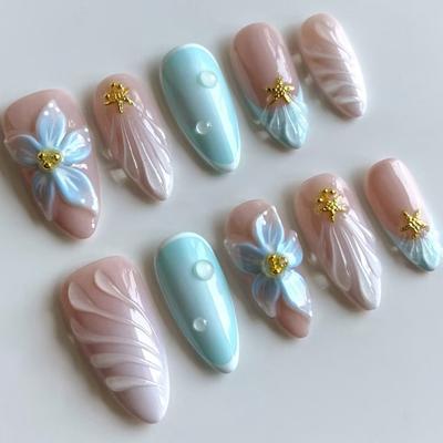 Uña a Presión Corta Almendra Uña Falsa Francesa Cobertura Completa Acrílico Uña Falsa Diseño de Flores Uña Falsa para Mujeres y Niñas