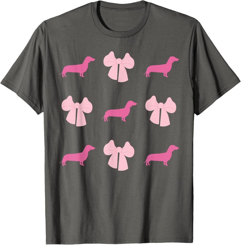 Pink Dachshund Bow Pattern Graphic Tee Cute Wiener Dog Lover Short Sleeve T-Shirt